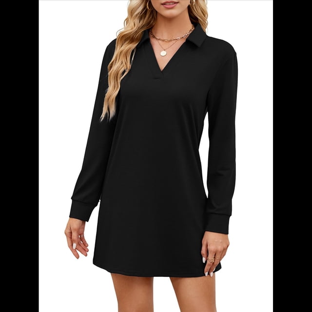 Vestido de Otoño 2025 para Mujer, Estilo Suéter Deportivo Informal, Holgado, de Larga y Cuello en V, de Color Liso. Negro L