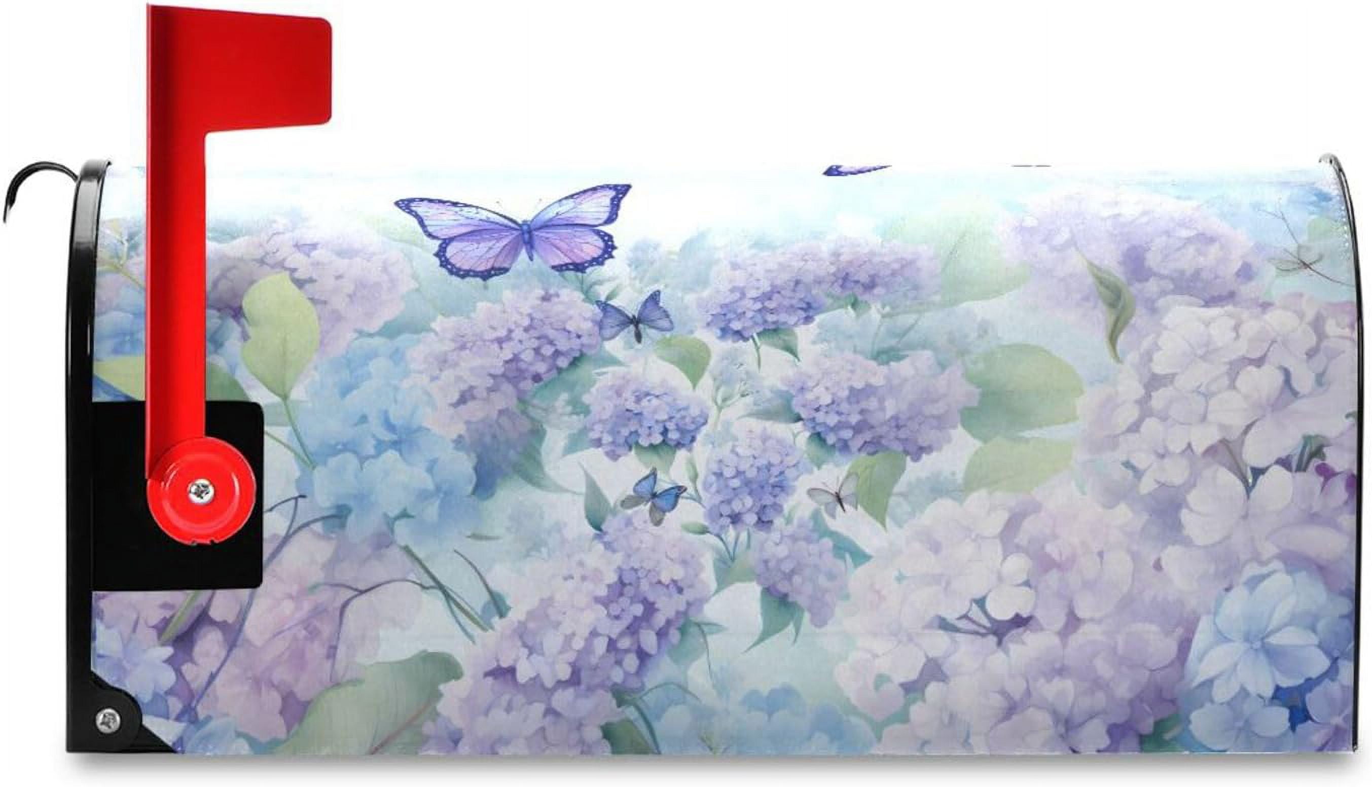 Spring Mailbox Covers, Purple Hydrangea Butterfly Mailbox Covers Oxford Cloth Post Box Cover with Magnetic Strip for Garden Yard Decor