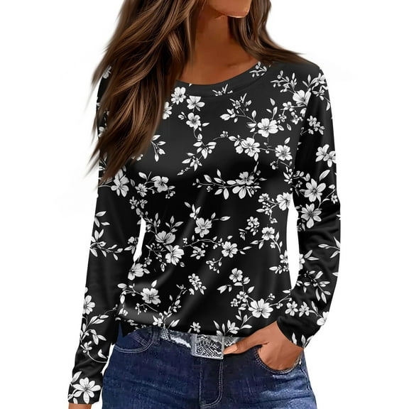 WTOBBY Women's Casual Loose Fit Floral Print Long Sleeve Hem Slit T-shirt Round Neck Top Fashionable Comfort Wear Soft Material Daily Outfit Essential for US Market Wardrobe,Black L