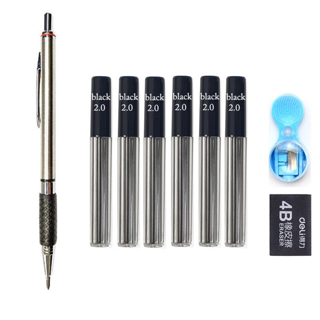 Lápiz mecánico retráctil de Metal/plástico, bolígrafo profesional de 2mm de recambio 2B para la escuela de dibujo de bocetos, color negro, 2,0