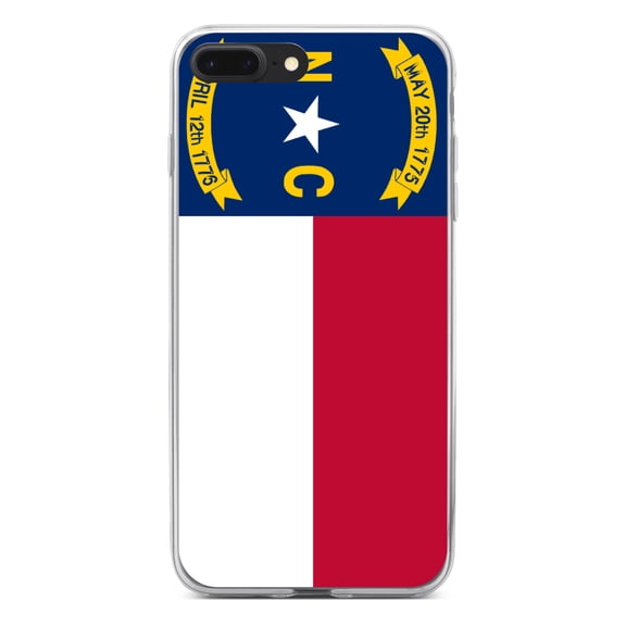 DistinctInk Clear Shockproof Hybrid Case for iPhone 7 PLUS / 8 PLUS (5.5" Screen) - TPU Bumper, Acrylic Back, Tempered Glass Screen Protector - North Carolina State Flag - US State Flag