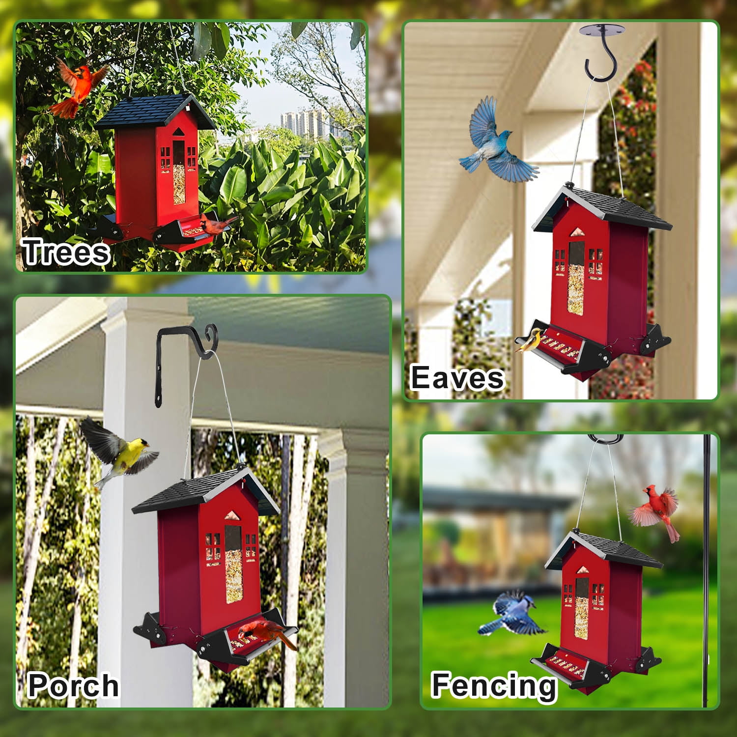 5lbs Squirrel Proof Bird Feeder, Red Metal Bird Seed Feeder for Outdoors Hanging Chew-Proof, Large Seed Capacity for Cardinal, Wild Bird, Finch, Sparrow, Blue Jay, Swallow, Parrot