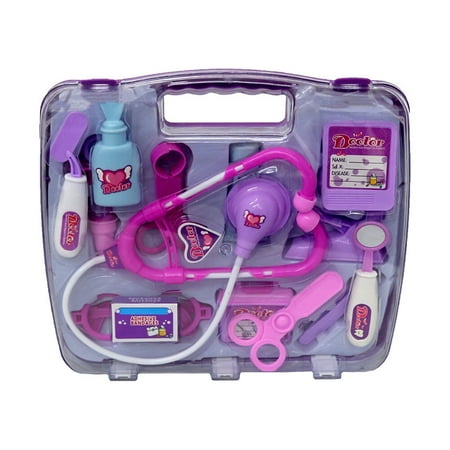 Purple Medical Kit for Pretend Play with Plastic Tools and Carrying Case 14 Pieces