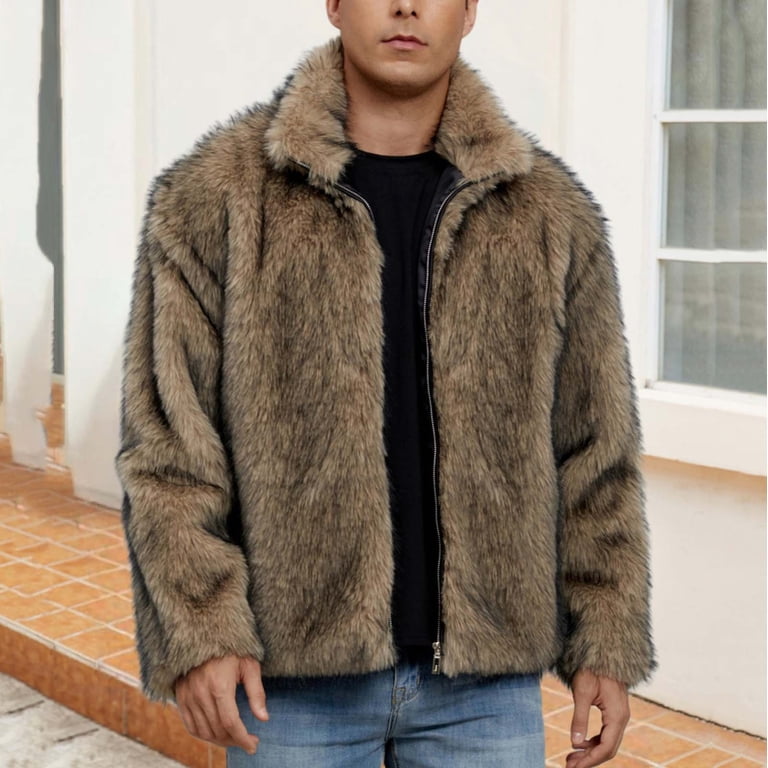 ZUKMRJPC Men's Vintage Faux Fur Coat Zipper Lapel Warm Soft Comfy