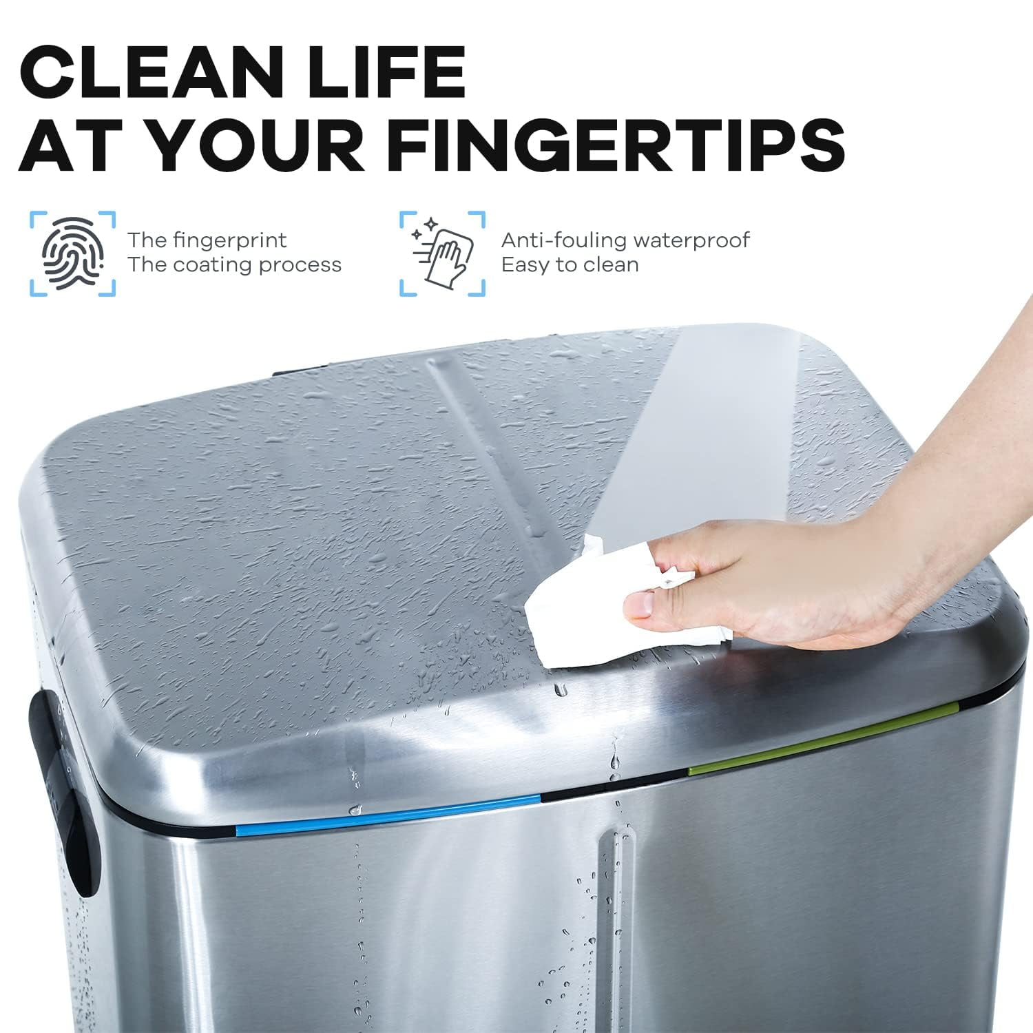 10 Gallon Dual Trash Can, 40 L Garbage Can Kitchen Step Recycle Trash Bin with Dual Removable Bucket, Independent Lids and Pedals, Brushed Stainless Steel, Sliver