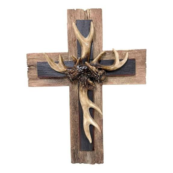 Rustic Decorative Faux Antler on Realistic Wooden Wall Cross - Woodland Forest Inspired Spiritual Art Decor - Religious Home Decoration Gift Idea for Outdoor Nature Lovers