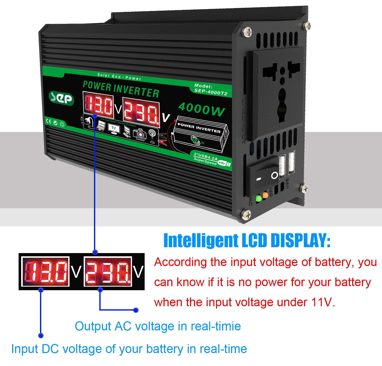4000W Dual Digital LCD Display Solar Inverters DC 12V To AC 110V 220V Portable Power Bank Car Converter for Camping RV (12V-220V)