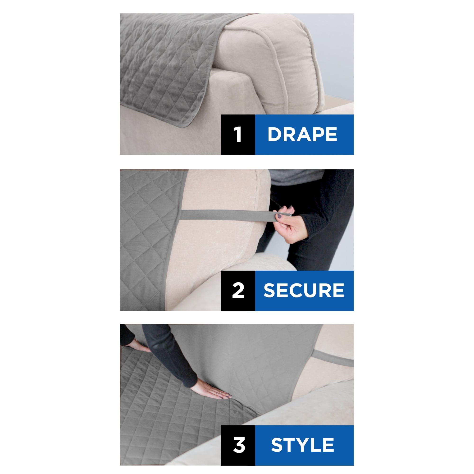 Mainstays Sofa Quilted Plush Fabric Pet Cover Multipurpose Furniture Protector, Gray, 3-Piece