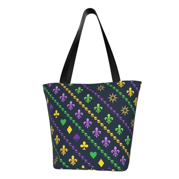 Lsque Mardi Gras Strings of Beads Pattern Beach Tote,Shoulder Handbag,Spacious Tote Bag,Lightweight Travel Bag,Versatile Shopping Bag