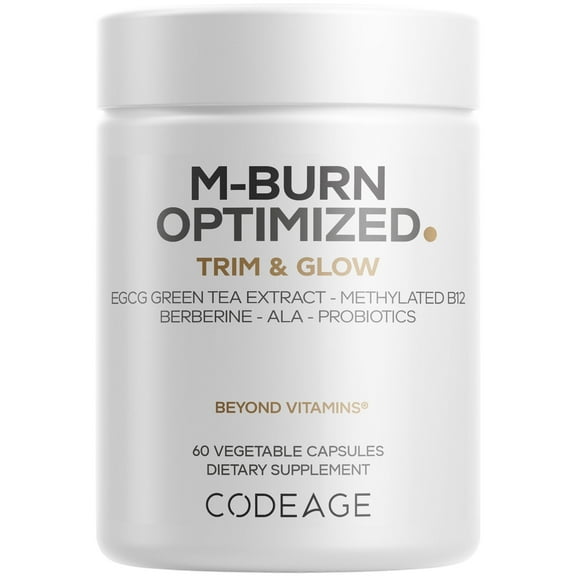 Codeage M-Burn Optimized Supplement - Decaffeinated Green Tea Std. to 50% EGCG, Berberine, Akkermansia, Vitamin B12 - Probiotics - Vitamins - 60 Capsules