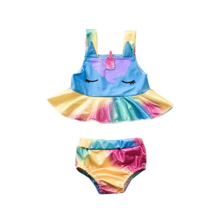 

Canrulo Toddler Baby Girl Unicorn Swimsuit Two Piece Bikini Tankini Sets Ruffled Bathing Suit Beachwear Swimwear Multi-Color 12-18 Months