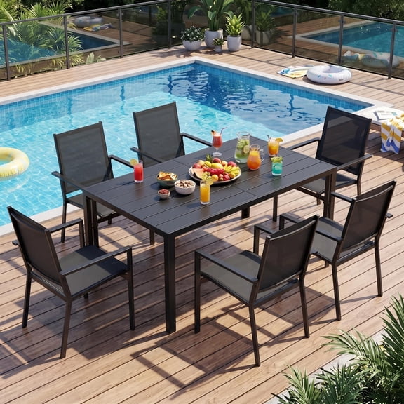 Lofka 7-Piece Outdoor Patio Dining Set ,Patio Conversation Set with 1 Metal Steel Table and 6 Textilene Chairs for Courtyard, Backyard, Pool,Black