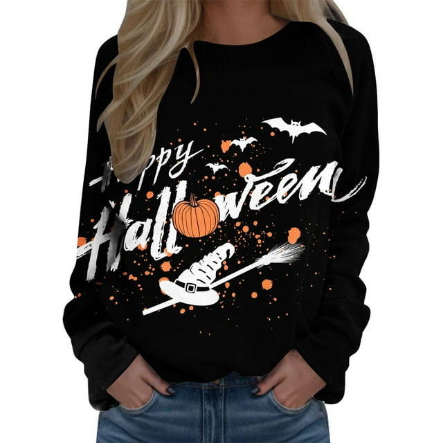 Arlun , Chandails d'Halloween pour Femmes 2025 Grande Taille Mignon Citrouille Graphique Drôle Lettres Imprimées Chandail Ample Décontracté Col Rond Manches Longues Tendance Hauts d'Halloween Noir2 L