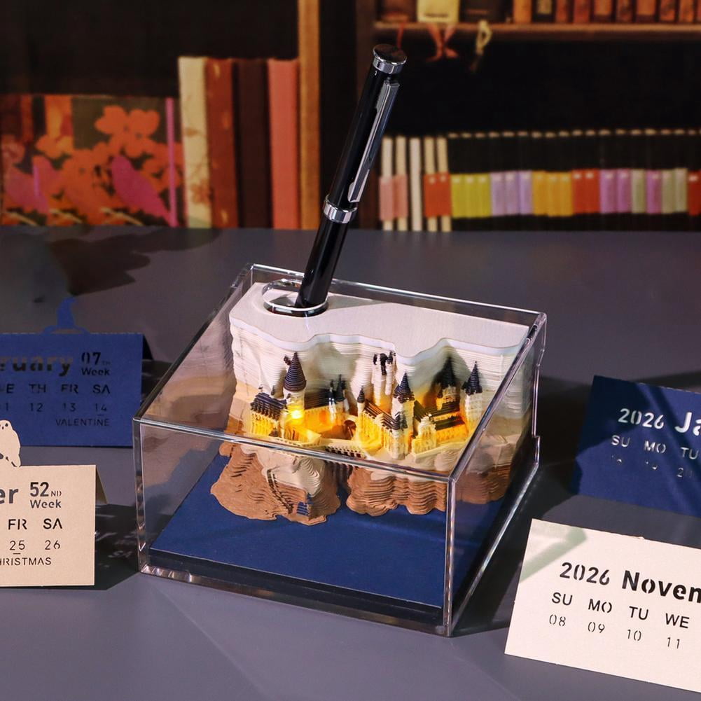 QHUDLV 3D Calendar 2026, Time Piece Calendar, 2026 Desk Calendar With LED Light Calendar Paper Carving Art Memo Pad Notepad DIY Decoration Gift for Christmas Housewarming