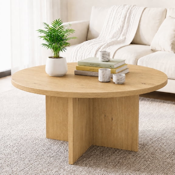 Gasee Coffee Table, 35" Round Coffee Table for Living Room, Natural