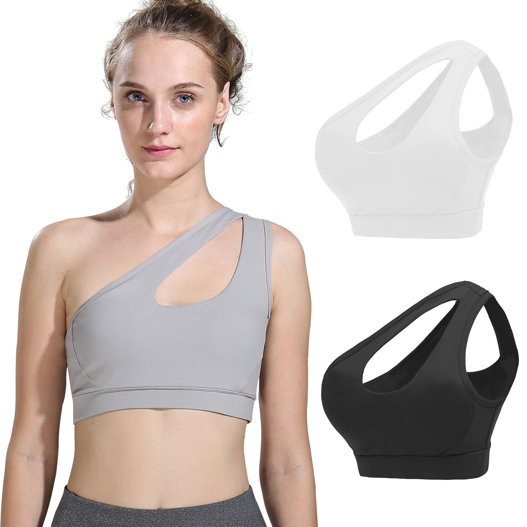 FUTATA Women's One Shoulder Sports Bras Removable Pads One Strap Yoga Bras  Long Sexy Cute Post Surgery Bra For Running Active Gym Workout,Black /White