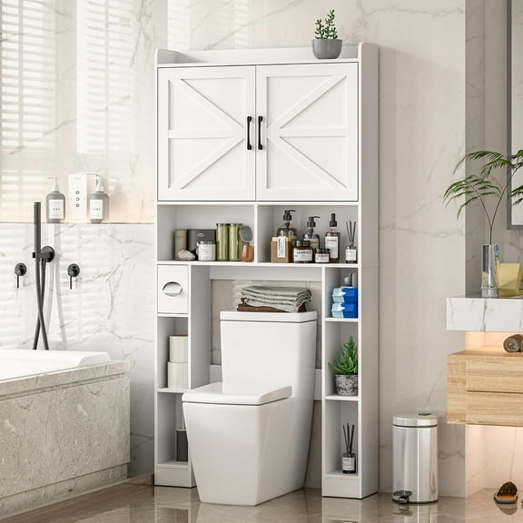 Vabches Over The Toilet Storage Cabinet with Toilet Paper Holder Stand, Above Toilet with Adjustable Shelf & 2 Doors