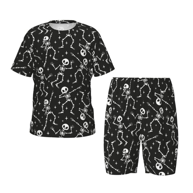 Wukai Ensemble de Pyjama Rétro Squelette Dansant sur Imprimé Fête d'Halloween Manches Courtes et Sommeil pour Enfants, 2 Pcs-3TG