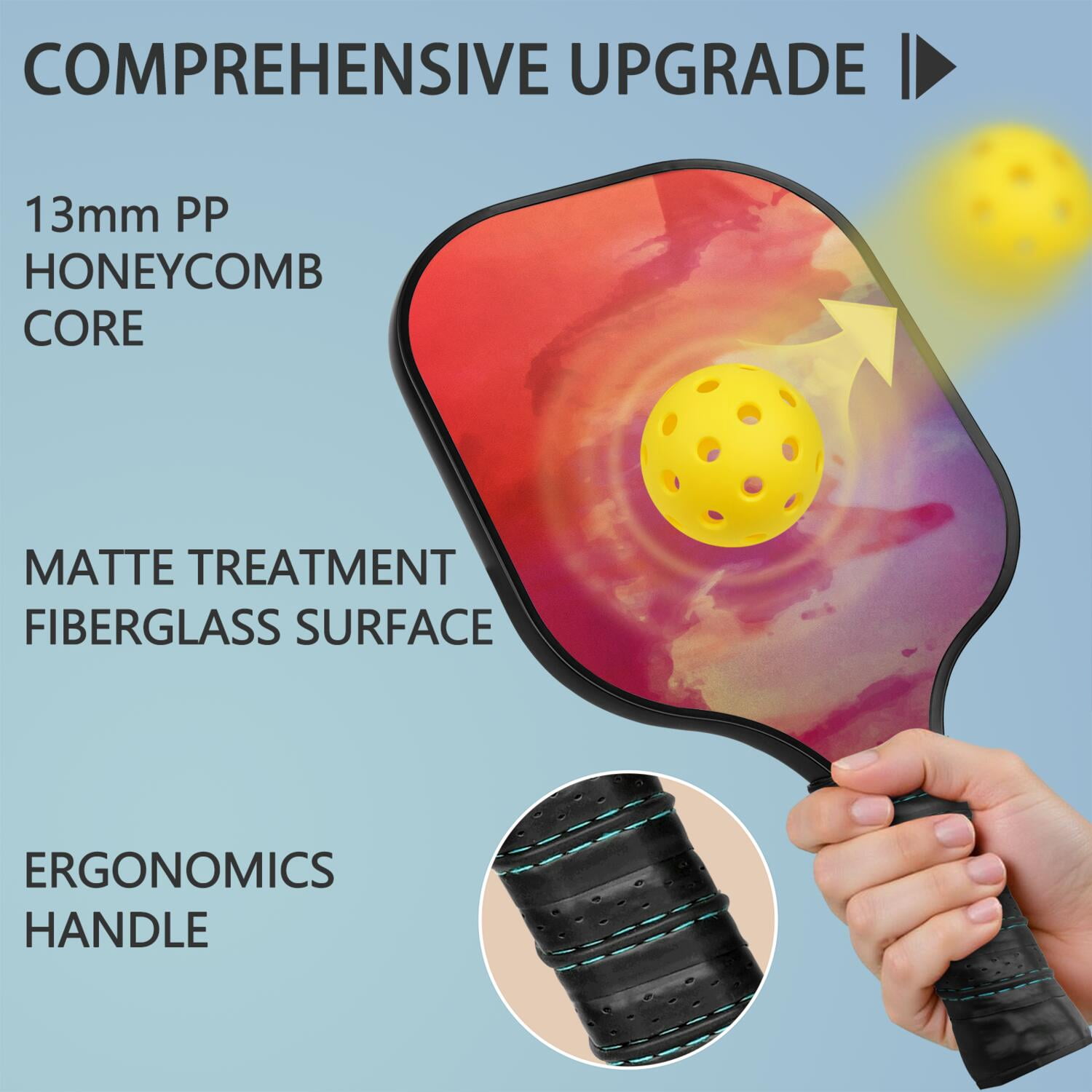 Pickleball Paddles Set Of 2, Fiberglass Surface, Fluid Smoke Aurora Art Style, 4 Balls & Bag