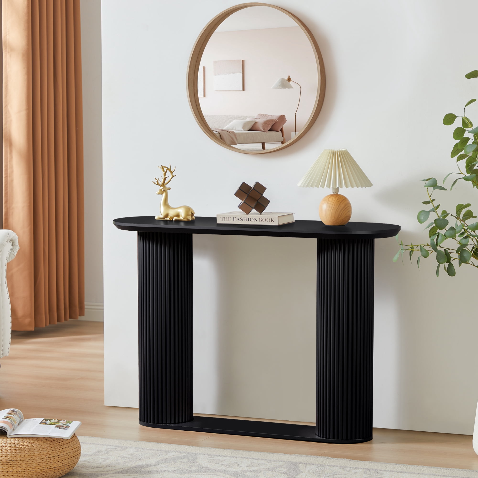 PHOYAL 42.51" Long Black Console Table with Vertical Stripe, Oval Fluted Sofa Table with Curved Edge Design for Entryway Hallway Living Room