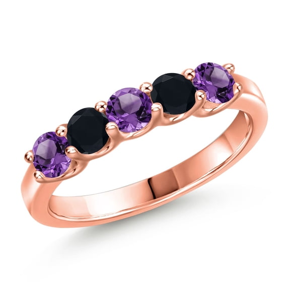 Gem Stone King 18K Rose Gold Plated Silver Purple Amethyst and Black Onyx Wedding-Bands Ring for Women | 0.74 Cttw | Round 3.5MM | Gemstone February Birthstone | Size 8