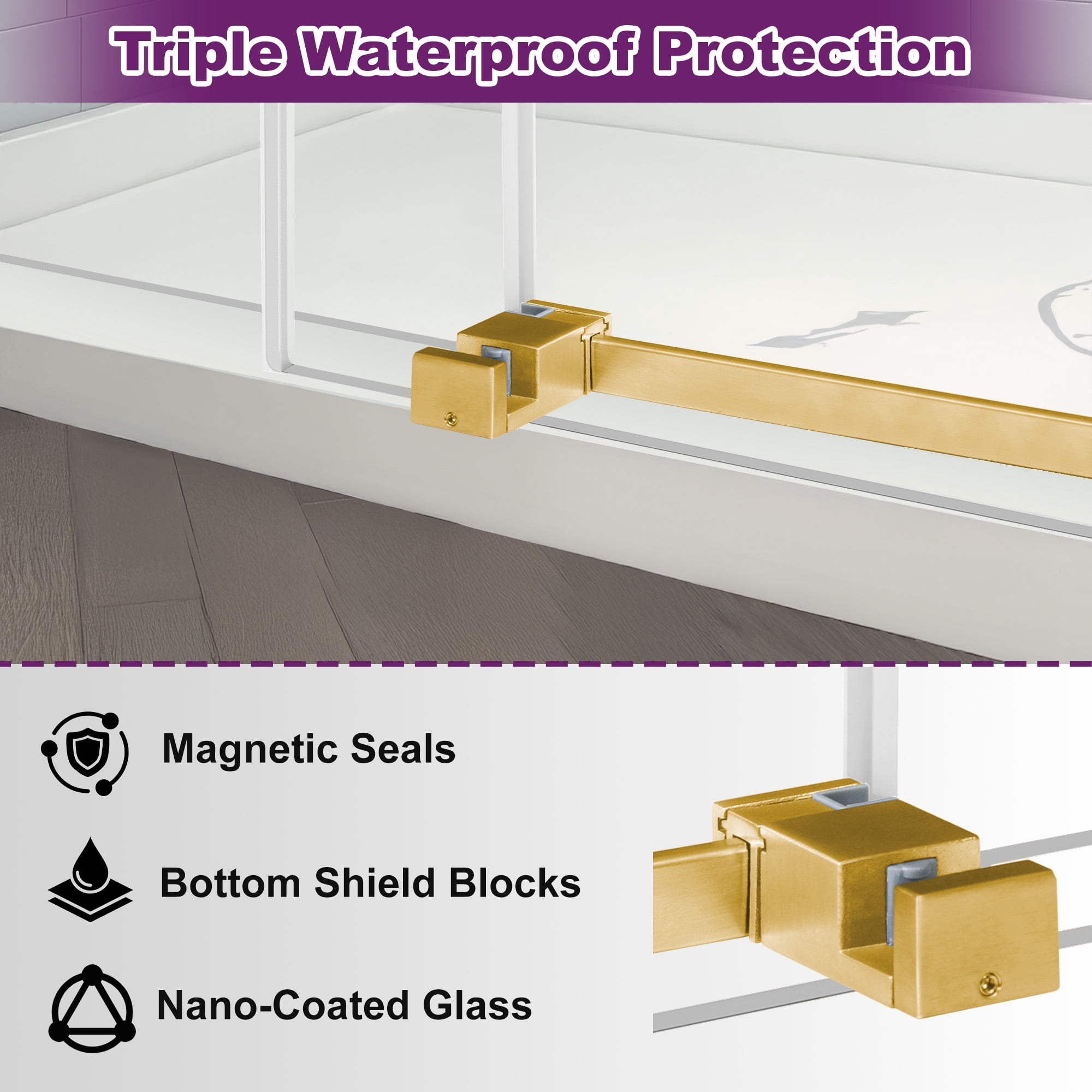 MAYEERTY 60x66 Frameless Sliding Bathtub Shower Door, Stainless Steel Tempered Glass Shower Door with Anti-Water Seal, Gold