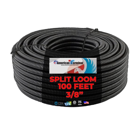 American Terminal ASLT38-100 100' 3/8" 10mm Split Wire Loom Conduit Polyethylene Corrugated Tubing Sleeve Tube