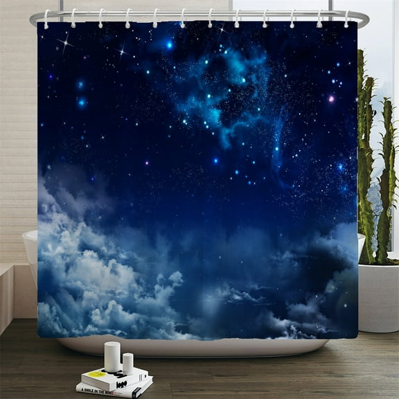 Full Moon Shower Curtain Ocean Landscape Starry Sky Waterproof Fabric Shower Cur