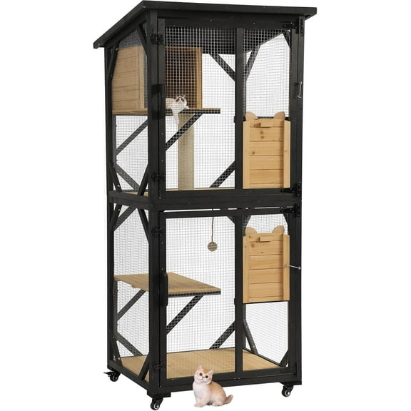 Catio 4 Tiers Outdoor Cat House Cage Enclosure, Large Cat Playpen Kennel with Window Resting Box Scratching Post Plush Ball, Outside Cat Crate with Wheels Asphalt Roof Weatherproof (Black)