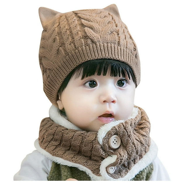 Fgnfyis Winter Hat Baby Boy Girl Toddler Cat Hat with Scarf Lined Knitted Cap Neckwarmer for Kids 2 Pieces Brown One Size