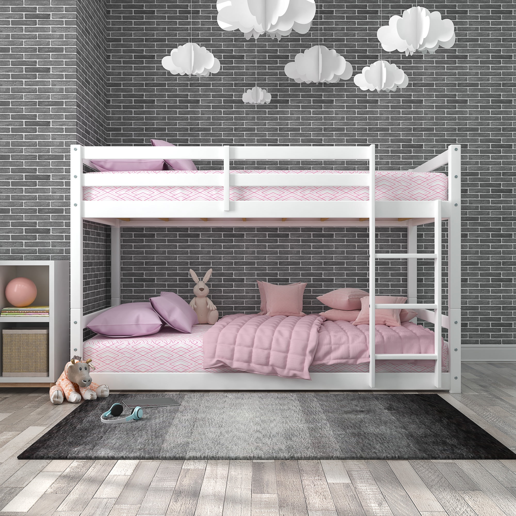 HH2 Home Essentials Campbell Wood Twin Over Twin Floor Bunk Bed, White