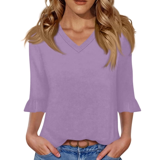 Chandail à Capuche Oversize pour Femmes, Col en V, Manches Trois-Quarts, Mode 2025, T-shirt d'Été Décontracté, Chandail en Molleton Col Rond, Grande Taille, Violet