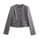 thumbnail image 3 of HH TRAF 2024 Abrigos cortos casuales para mujer, color gris, cuello redondo, mangas largas, bolsillos, botones, chaquetas de un solo pecho para otoño, moda para mujer, 3 of 5