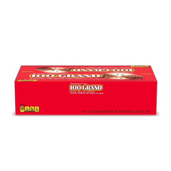 100 Grand Crispy Milk Chocolate with Caramel, Full Size Individually Wrapped Candy Bars, 1.5 oz each, Bulk 36 Count Box