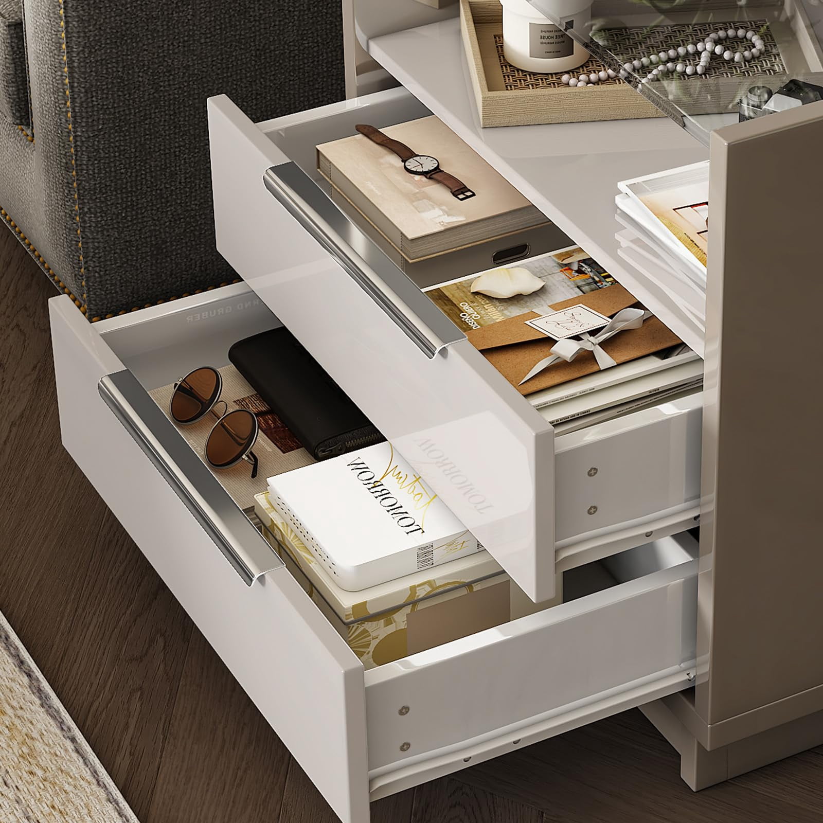 Papajet 23.6" Nightstand High Gloss End Table with Glass Tabletop, Modern Bedside Table with Charging Station, 2 Drawers for Bedroom, Cream & Gray