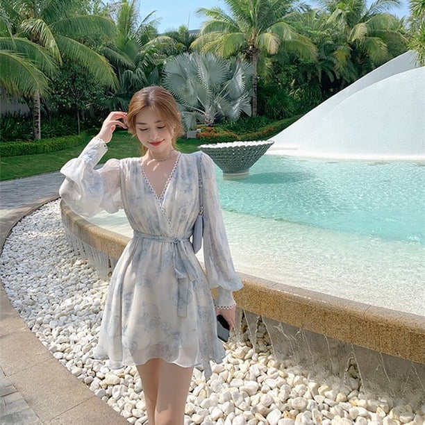 2023 Chiffon Sexy Mini V-neck Dress Women Spaghetti Straps Floral Thin Ladies Dresses Summer High Waist Party Club Woman DressM Gao Jinjia LED