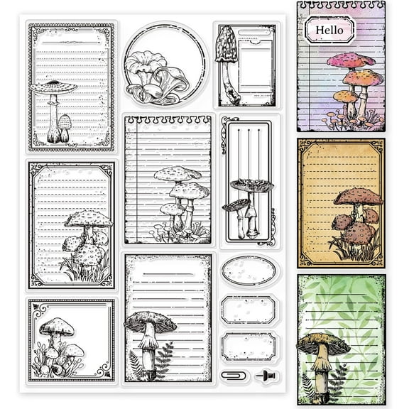 Vintage Mushroom Notes Clear Stamps for DIY DIY Scrapbooking 21x15cm Mushroom Note Border Silicone Clear Stamp Seals Transparent Stamps for DIY Cards Making Photo Album Journal Home Decoration