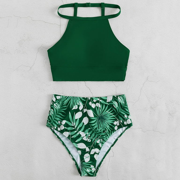 RQYYD Women High Waisted Swimsuit Two Piece Bathing Suits Summer Leopard  Leaf Print Bikini Set(Green,XL)