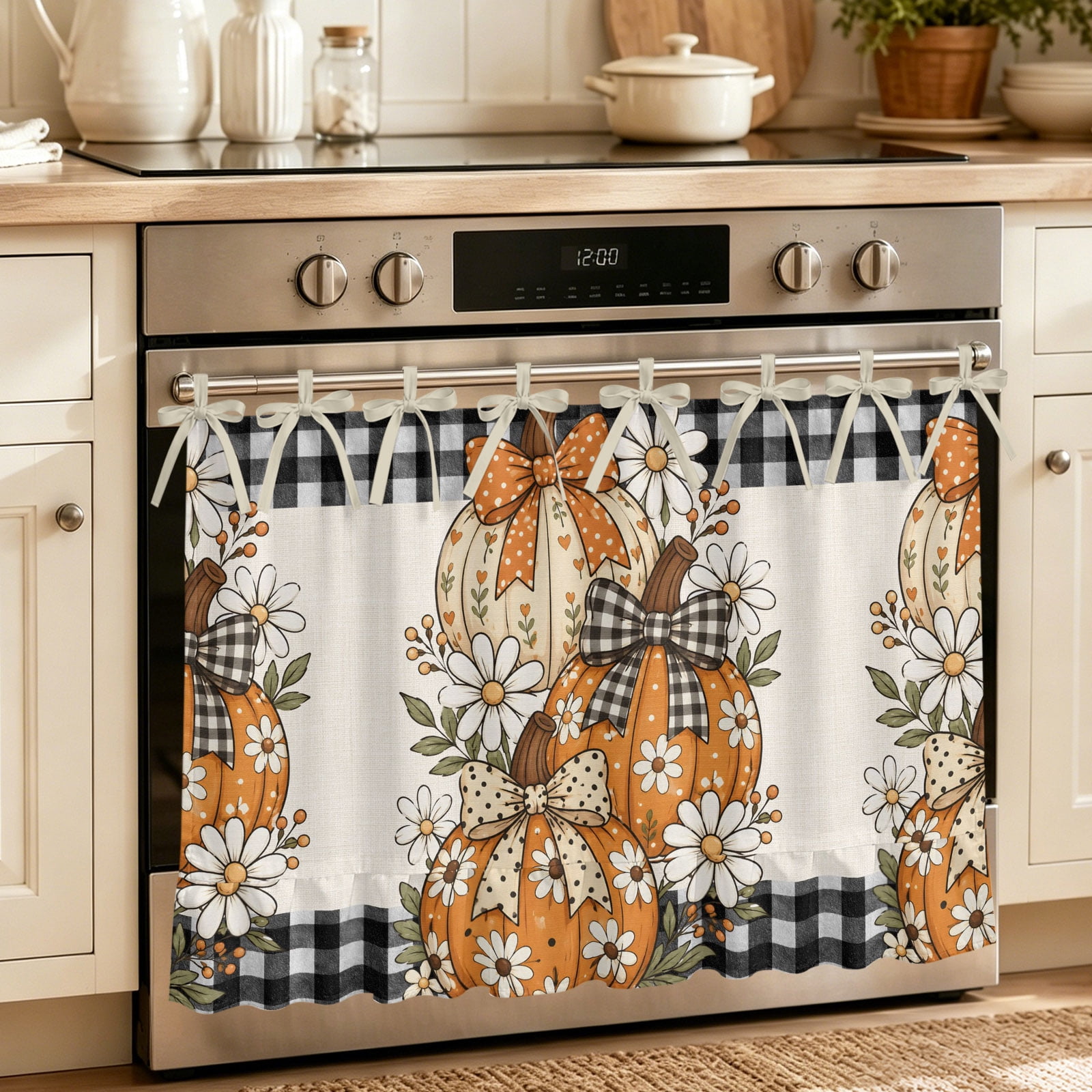 Oven Skirt Curtain for Kitchen 20x27 Inch Pumpkins Fall Oven Curtain with 8 Ribbon Ties & Ruffle Trim Stove Skirt Curtain Dishwasher for Cabinets Over Sinks Thanksgiving Floral Elegant Pastoral