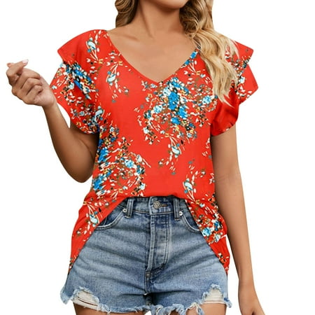 

Fsqjgq Womens Tops Thin T Shirts Women Women s Printed V Neck Double Ply Flared Sleeve T Shirt Inner Under Scrub T Shirts for Women Red L