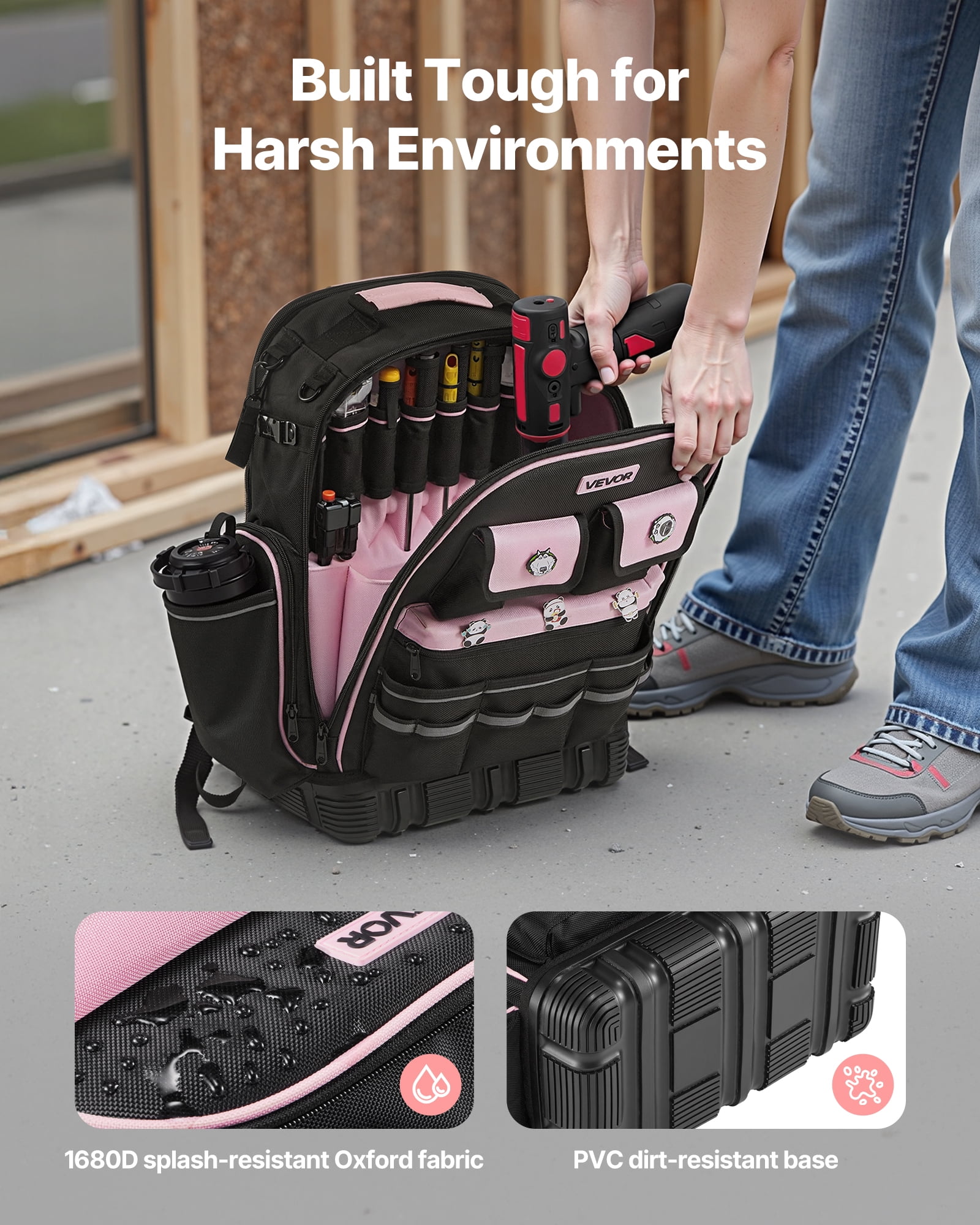 VEVOR Tool Backpack, 56 Pockets, Heavy-duty Tools Storage Organizer Work Bags with Laptop Compartment & Molded Base, Electrician Jobsite Backpack for Electrician, Repairman, and HVAC Techs