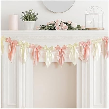 1 Pcs White Pink Bow Garland Banner – Elegant Hanging Satin Ribbon Bow Banner Decorations for Baby Shower, Wedding, Birthday, Engagement, Bridal Shower or Christmas Party Decor