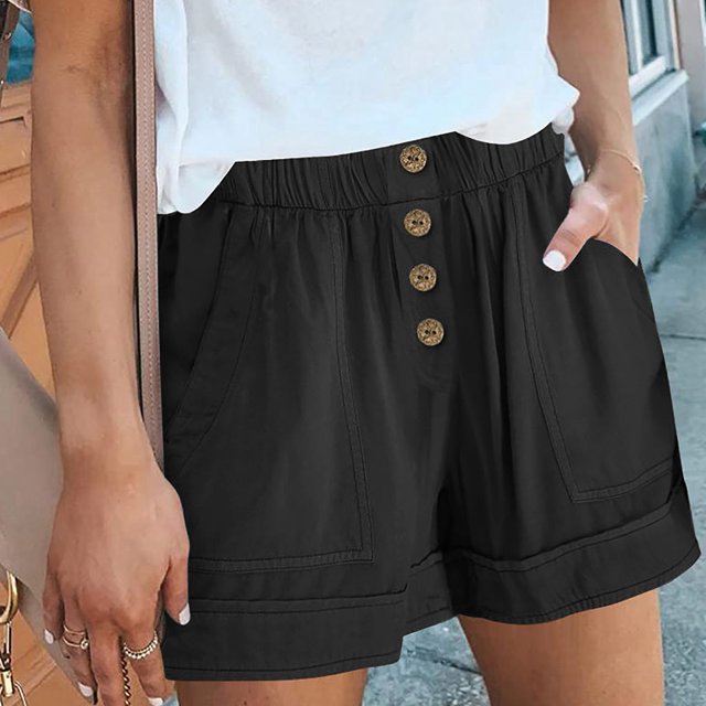 Pantalones cortos casuales de verano cómodos para mujer, cintura alta elástica, botón frontal, pantalones cortos de pierna ancha con bolsillos laterales