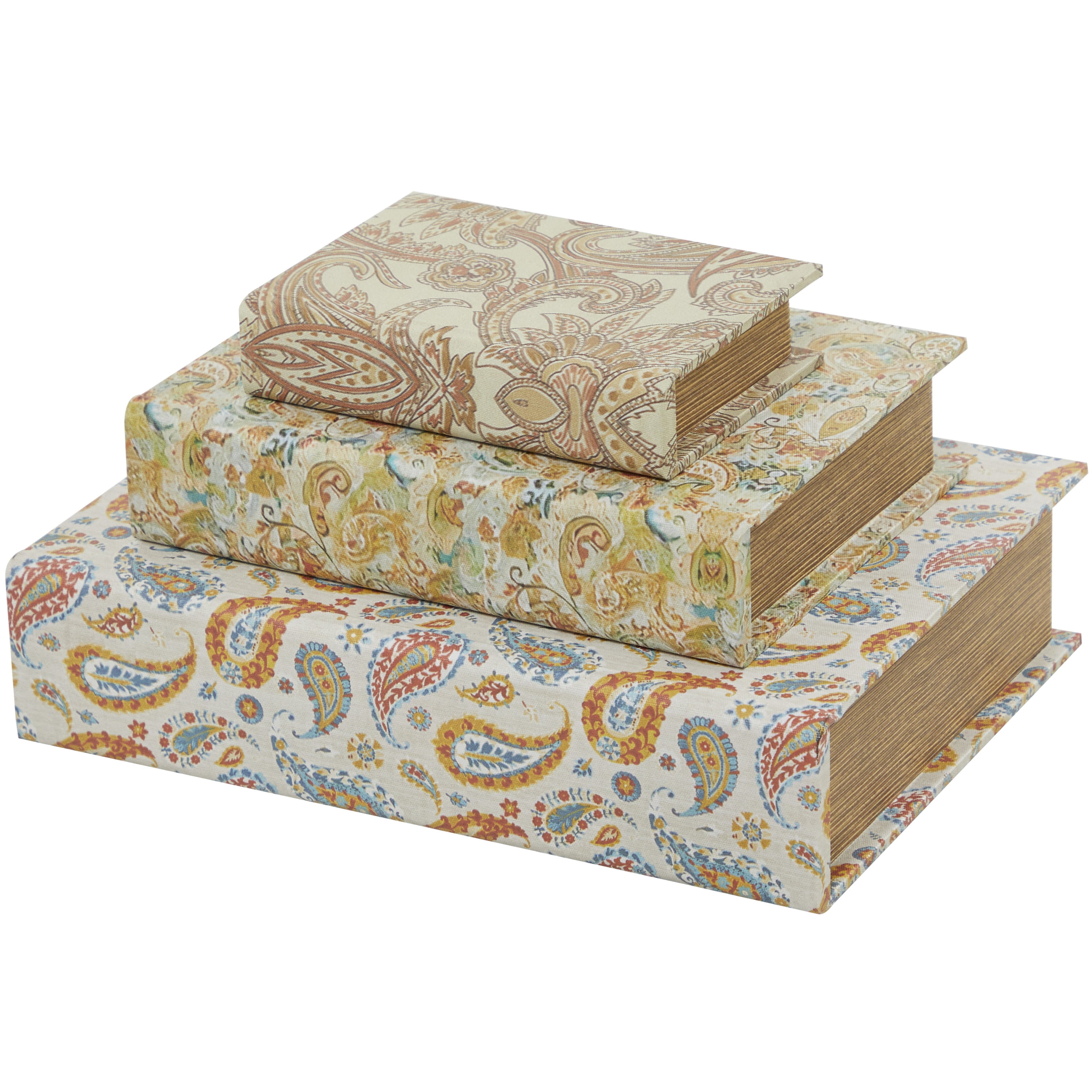 DecMode Faux Book Cream Canvas Decorative Box with Varying Patterns, 3 Count