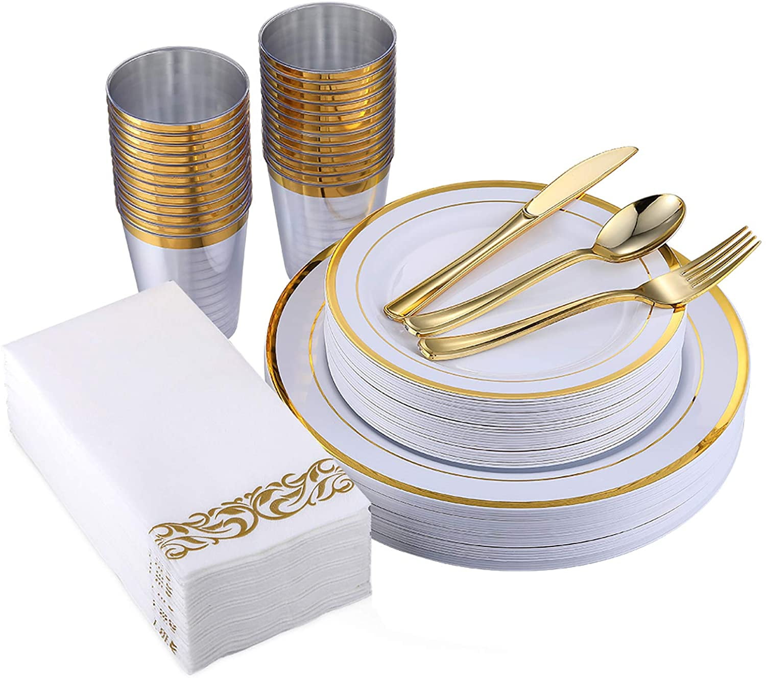 FOCUSLINE Gold Dinnerware Set, Heavy Duty Disposable Plastic Plates, 50 ...
