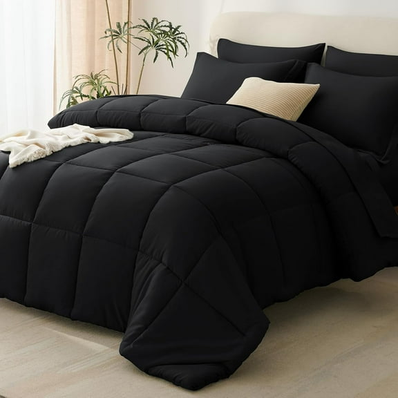 Black Queen Comforter Set with Sheets - 7 Pieces Bed in a Bag Queen Bedding Sets All Season Soft 7PC Bed Set with Black Comforter Flat Sheet Fitted Sheet Pillowcases & Pillow Shams