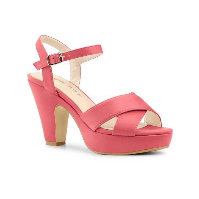 BLISSFUL STEP Women's Platform Chunky Heels Ankle Strap Sandals Watermelon Red (Size 7.5)