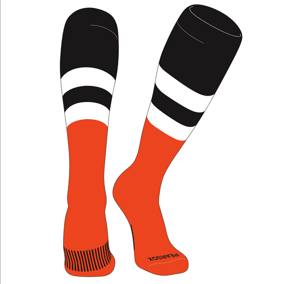 PEAR SOX Striped OTC Baseball, Softball, Football Socks (D) Black, White, Orange (XS)