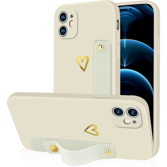 Compatible with iPhone 11 6.1” Case for Women Girls,Soft TPU Pretty Wristband Holder Phone Case Slim Liquid Silicone Shockproof Thin Wrist Strap Love Heart Cute Case Cover(Elegant White)