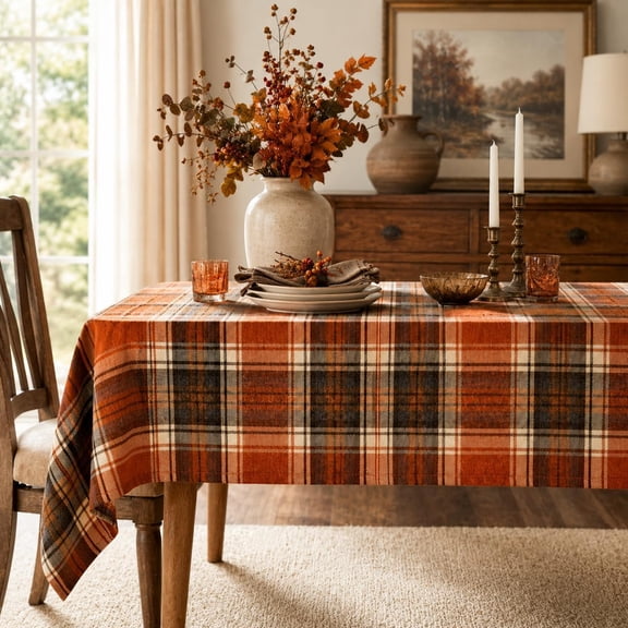 Fennco Styles Rust Orange Plaid Tablecloth, Rustic Farmhouse Table Cover for Fall, Thanksgiving, and Seasonal Décor, 56" X 120"